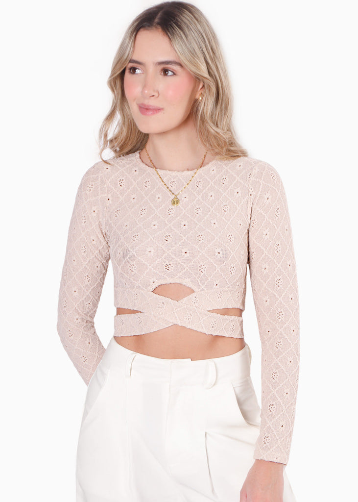 Blusa corta manga larga con cruce en cintura color beige para mujer - Flashy