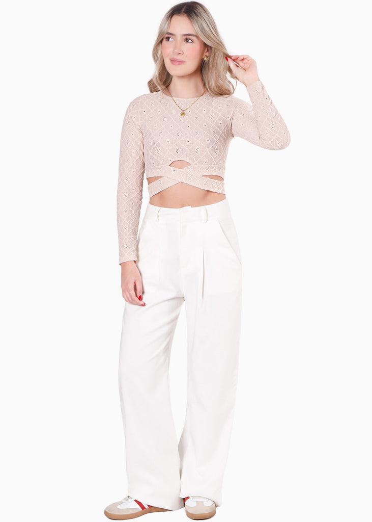 Blusa corta manga larga con cruce en cintura color beige para mujer - Flashy