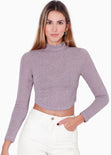 Blusa corta manga larga con cuello alto y efecto brillo color morado para mujer - Flashy