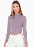 Blusa corta manga larga con cuello alto y efecto brillo color morado para mujer - Flashy