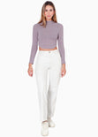 Blusa corta manga larga con cuello alto y efecto brillo color morado para mujer - Flashy