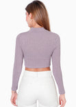 Blusa corta manga larga con cuello alto y efecto brillo color morado para mujer - Flashy