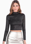 Blusa corta manga larga con cuello alto y efecto brillo color negro para mujer - Flashy