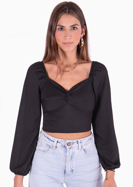 Blusa corta manga larga con escote entorchado color negro para mujer - Flashy