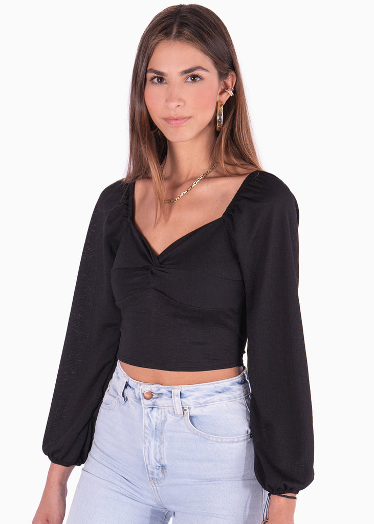 Blusa corta manga larga con escote entorchado color negro para mujer - Flashy