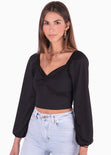 Blusa corta manga larga con escote entorchado color negro para mujer - Flashy