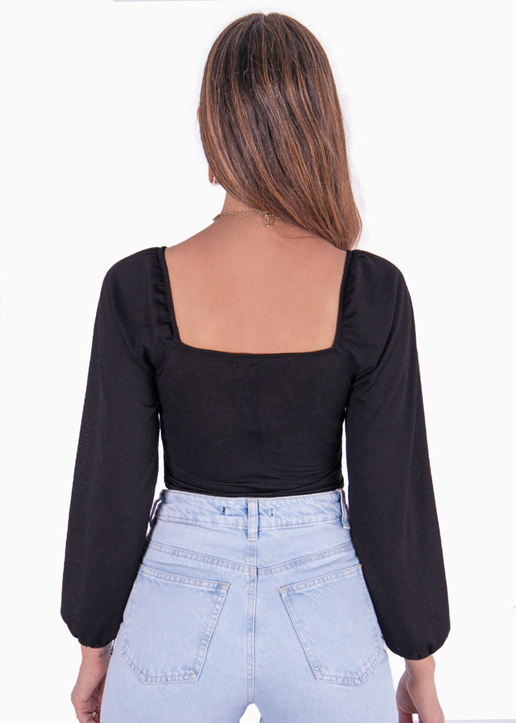 Blusa corta manga larga con escote entorchado color negro para mujer - Flashy