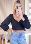 Blusa corta manga larga con escote entorchado color negro para mujer - Flashy