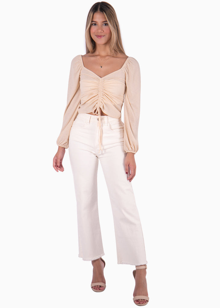 Blusa corta manga larga con recogido en escote color beige para mujer - Flashy
