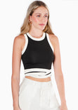 Blusa corta sin mangas, con sesgos en contraste y entrelazado en cintura color negro para mujer - Flashy