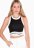 Blusa corta sin mangas, con sesgos en contraste y entrelazado en cintura color negro para mujer - Flashy