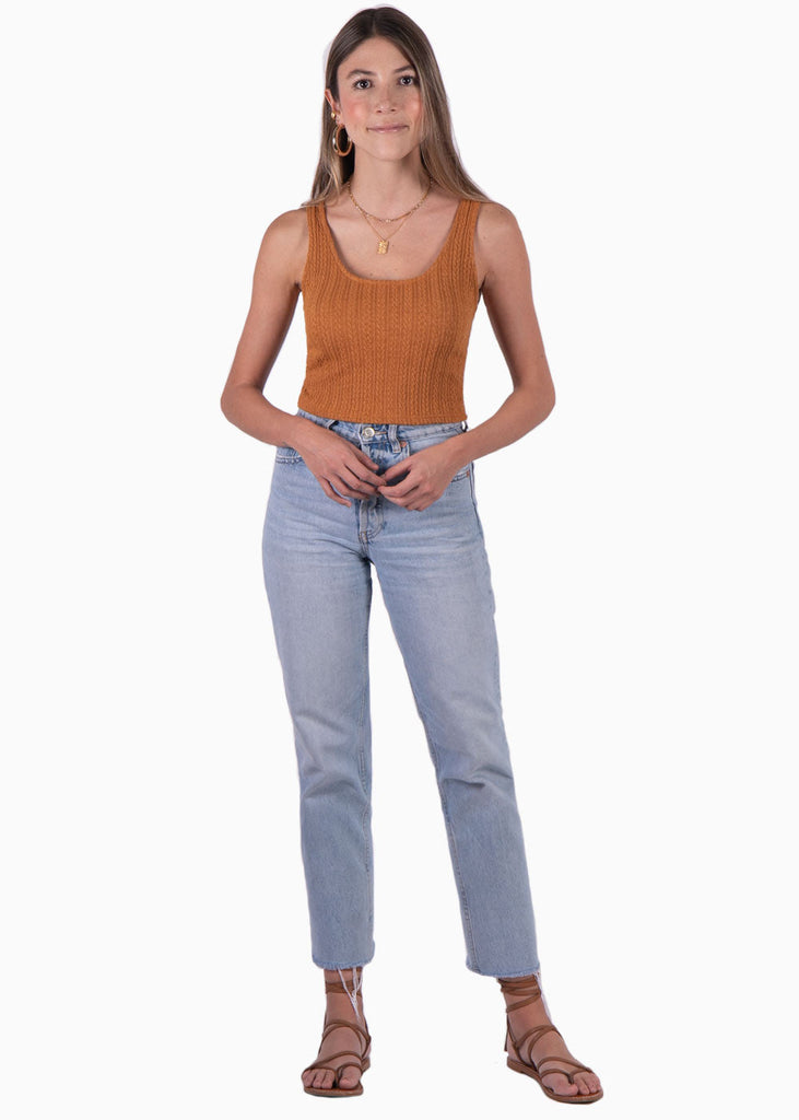 Blusa corta tejida de tiras color mostaza para mujer - Flashy