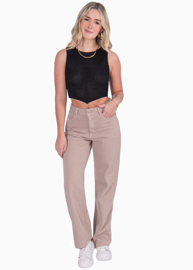 Blusa corta tejida sin mangas color negro para mujer - Flashy