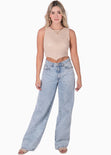Blusa corta tejida sin mangas color beige, camel para mujer - Flashy