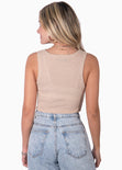 Blusa corta tejida sin mangas color beige, camel para mujer - Flashy