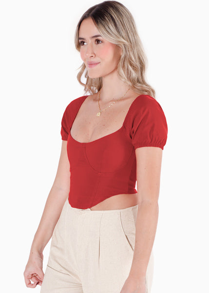 Blusa corta tipo corset manga corta color rojo para mujer - Flashy