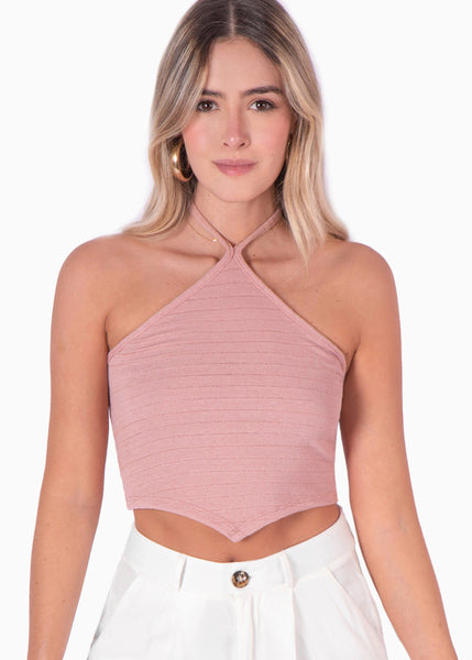 Blusa corta tipo pañoleta con cuello halter color rosado para mujer - Flashy