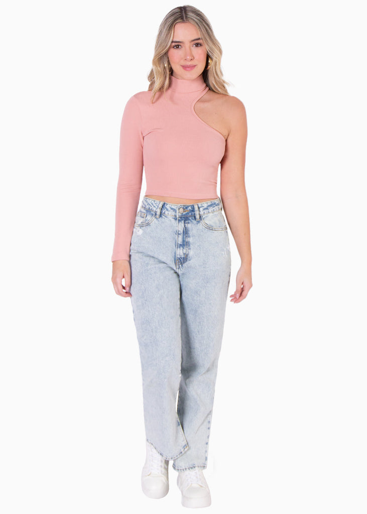 Blusa crop con cuello halter y un solo hombro color rosado para mujer - Flashy