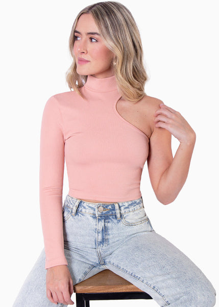 Blusa crop con cuello halter y un solo hombro color rosado para mujer - Flashy