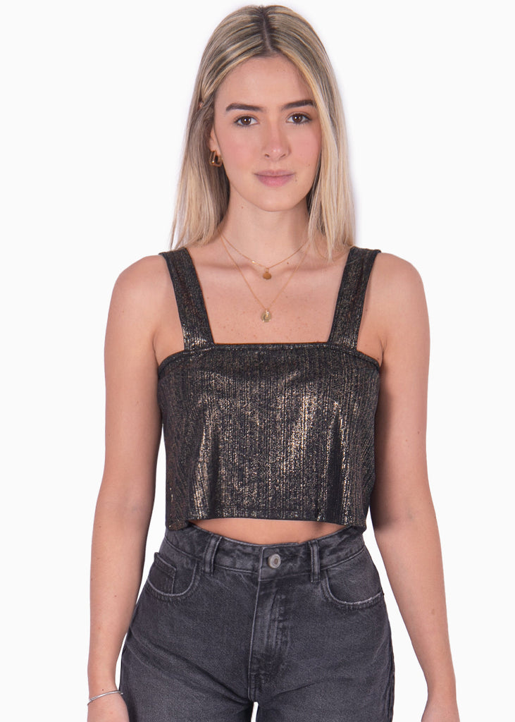 Blusa crop de tiras con escote cuadrado y espalda descubierta color negro para mujer - Flashy