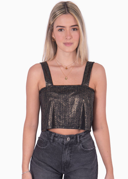 Blusa crop de tiras con escote cuadrado y espalda descubierta color negro para mujer - Flashy
