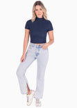 Blusa crop manga corta con cuello alto color azul para mujer - Flashy