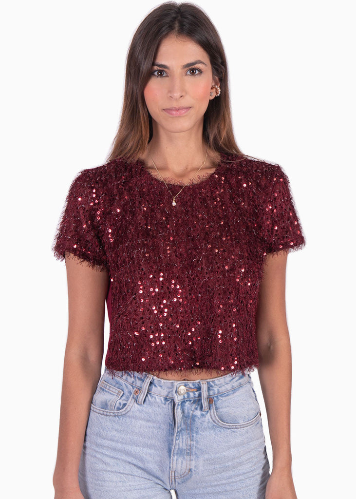 Blusa crop manga corta con lentejuelas color vino para mujer - Flashy