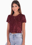 Blusa crop manga corta con lentejuelas color vino para mujer - Flashy