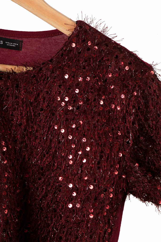 Blusa crop manga corta con lentejuelas color vino para mujer - Flashy