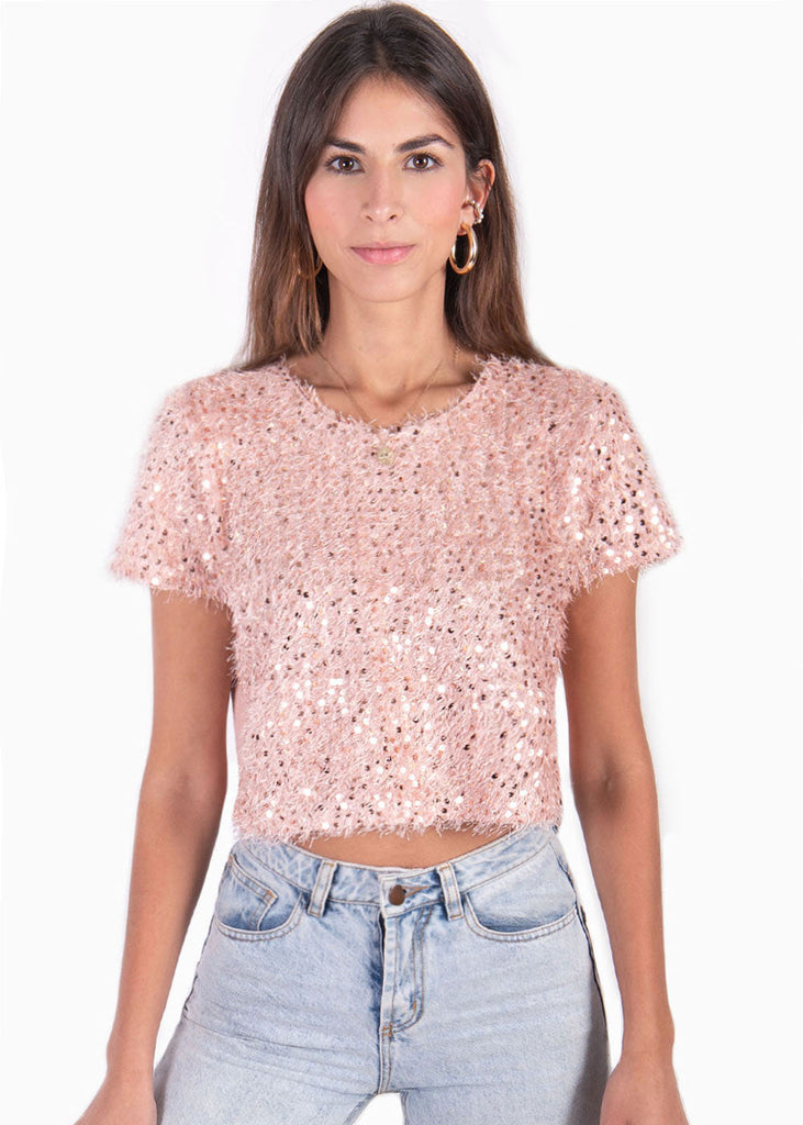 Blusa crop manga corta con lentejuelas color rosado para mujer - Flashy