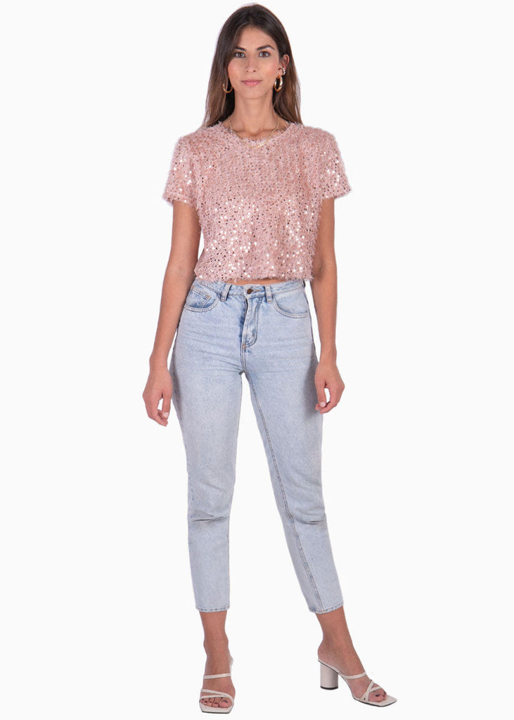 Blusa crop manga corta con lentejuelas color rosado para mujer - Flashy
