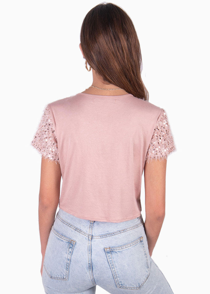 Blusa crop manga corta con lentejuelas color rosado para mujer - Flashy