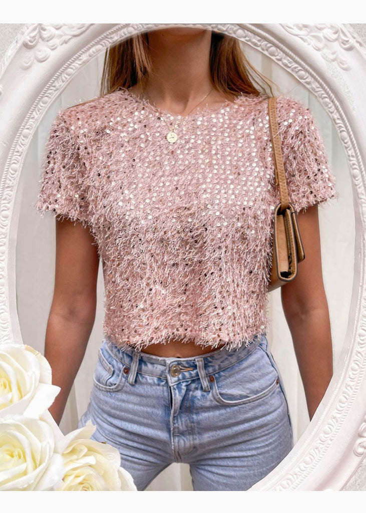 Blusa crop manga corta con lentejuelas color rosado para mujer - Flashy