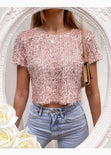 Blusa crop manga corta con lentejuelas color rosado para mujer - Flashy