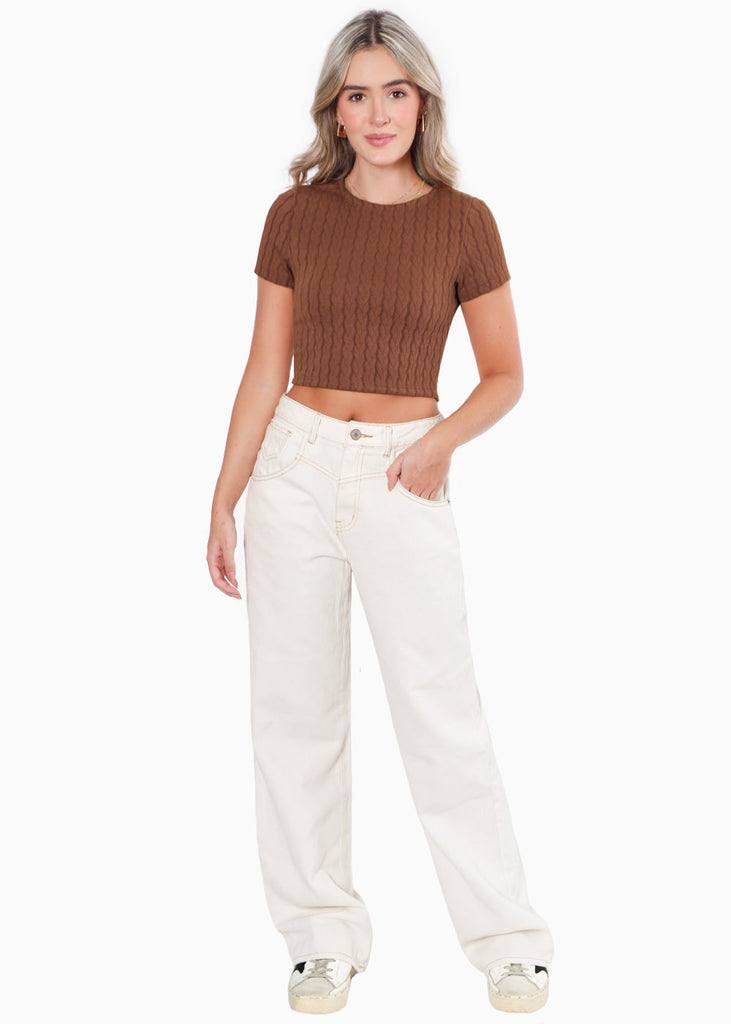 Blusa crop manga corta y tejida color café para mujer - Flashy