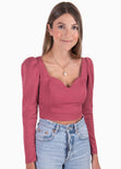 Blusa crop manga larga con escote cuadrado color vino para mujer - Flashy