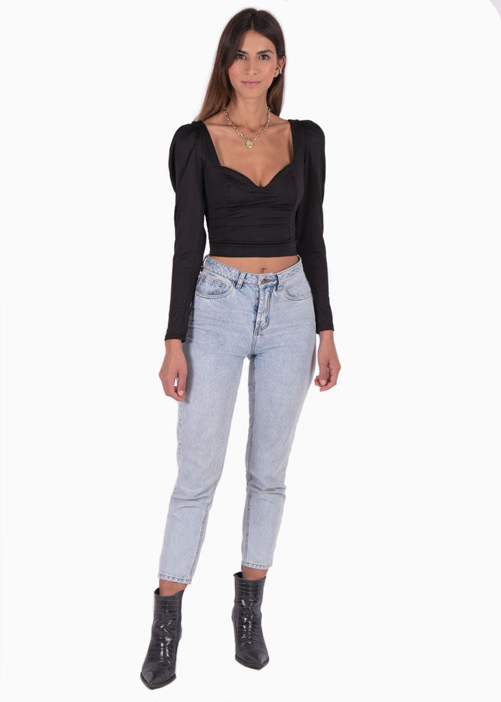 Blusa crop manga larga con escote cuadrado para mujer - Flashy