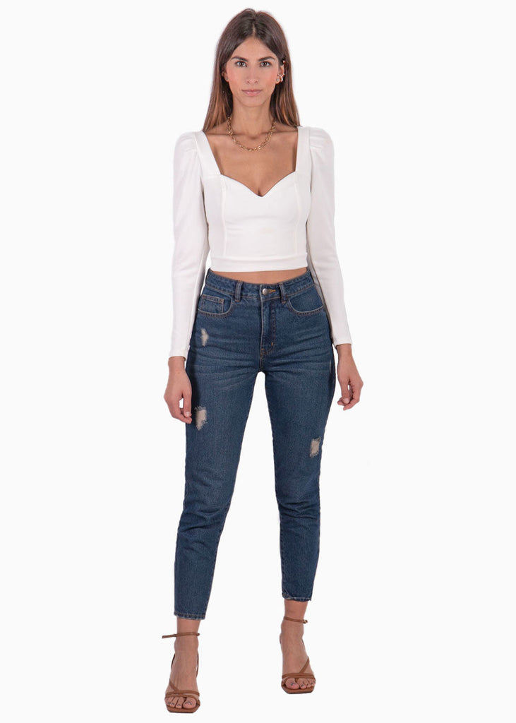 Blusa crop manga larga con escote cuadrado color blanco, marfil para mujer - Flashy