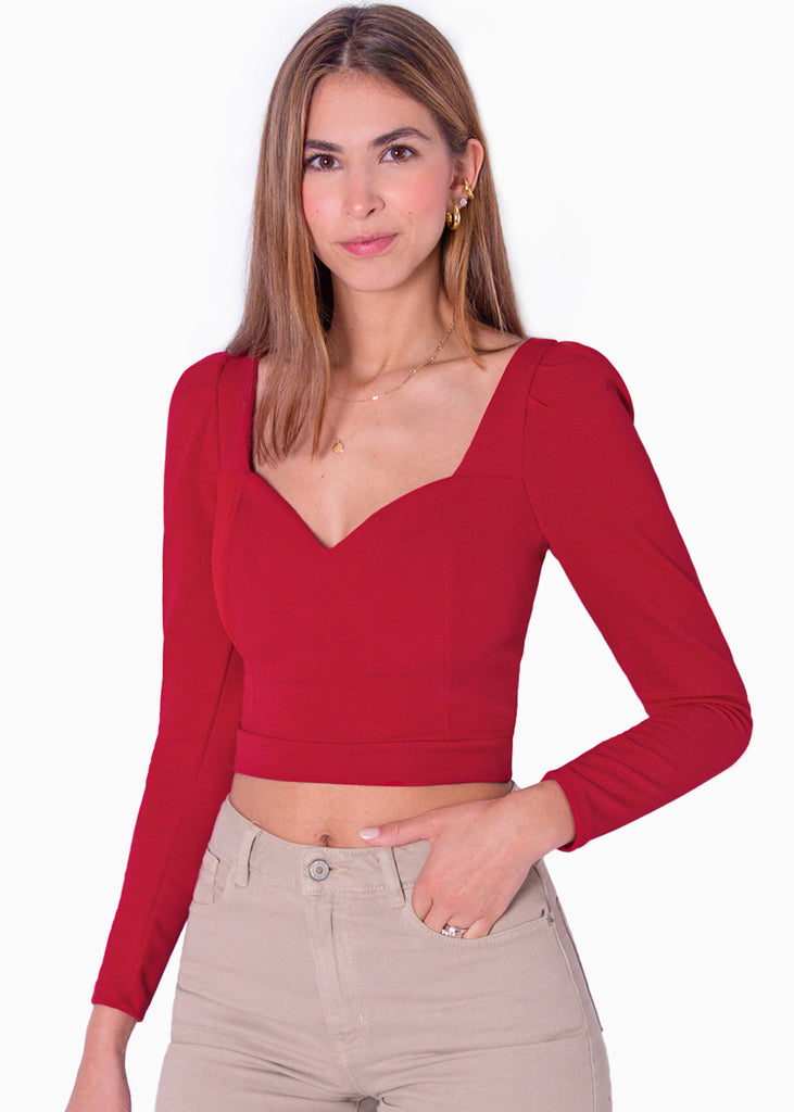 Blusa crop manga larga con escote cuadrado color rojo para mujer - Flashy