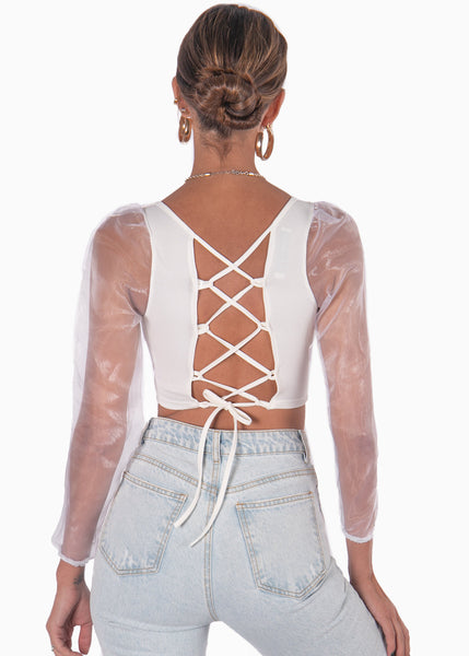 Blusa crop manga larga con mangas de organza color blanco para mujer - Flashy