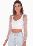 Blusa crop manga larga con mangas de organza color blanco para mujer - Flashy