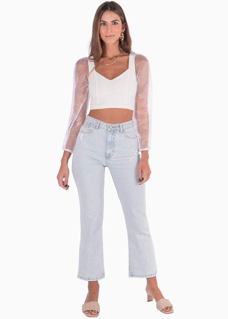 Blusa crop manga larga con mangas de organza color blanco para mujer - Flashy