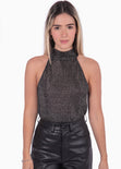 Blusa cuello en halter con tela brillante color negro para mujer - Flashy
