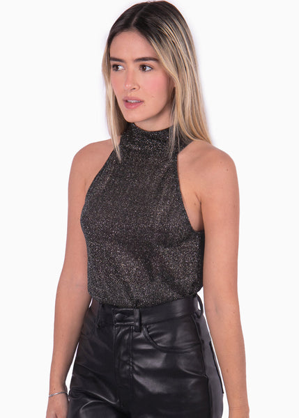 Blusa cuello en halter con tela brillante color negro para mujer - Flashy