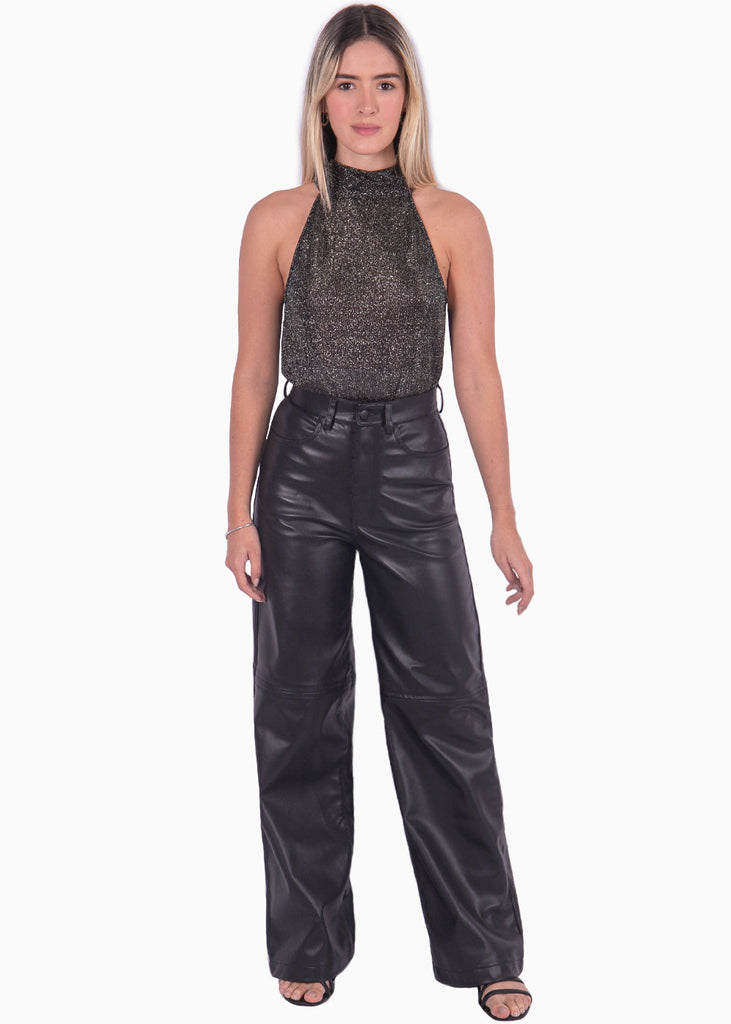 Blusa cuello en halter con tela brillante color negro para mujer - Flashy