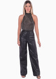 Blusa cuello en halter con tela brillante color negro para mujer - Flashy