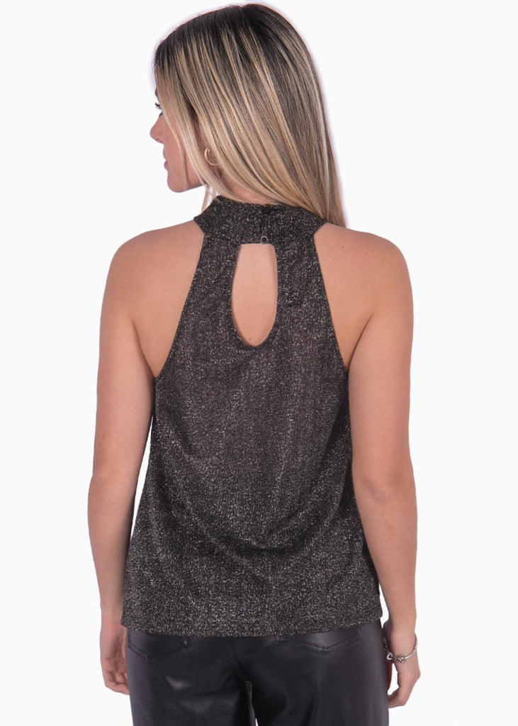 Blusa cuello en halter con tela brillante color negro para mujer - Flashy