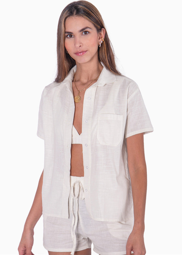 Blusa de botones manga corta color marfil, blanco para mujer - Flashy