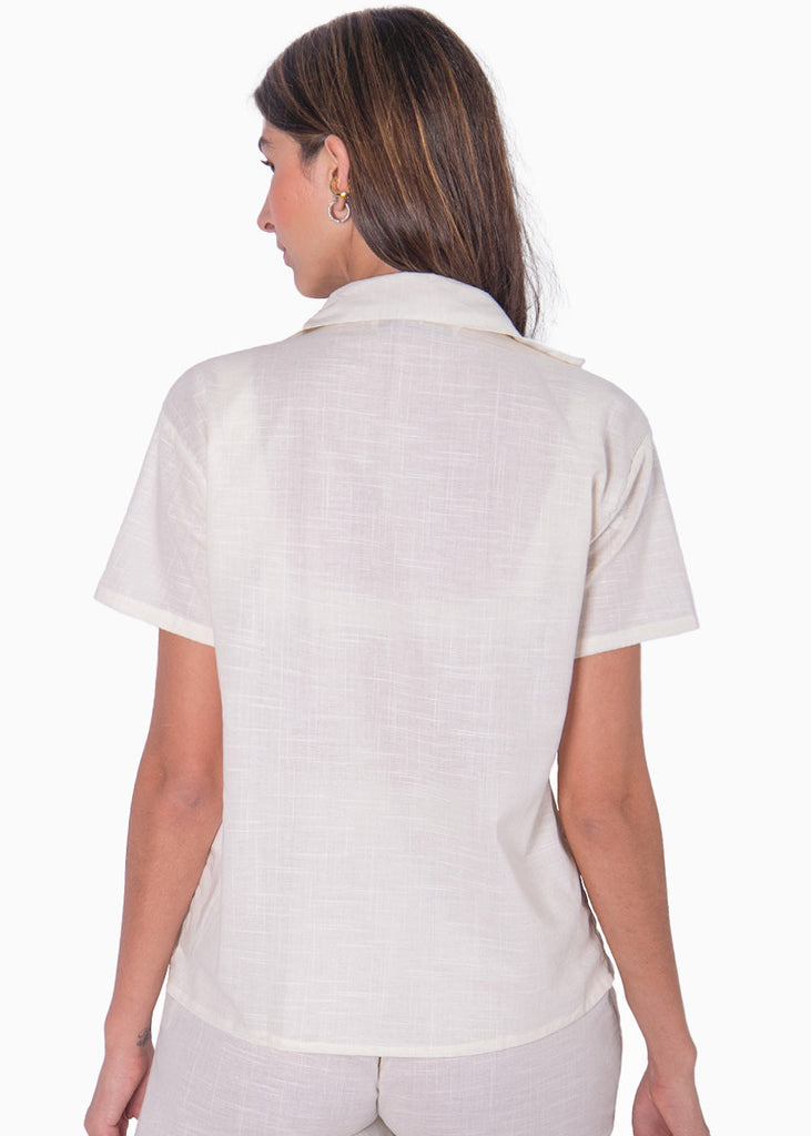 Blusa de botones manga corta color marfil, blanco para mujer - Flashy
