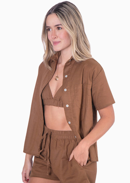 Blusa de botones manga corta color café para mujer - Flashy
